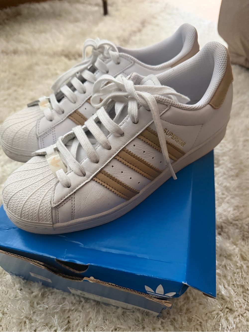 adidas Women's White Sneakers with Tan Stripes